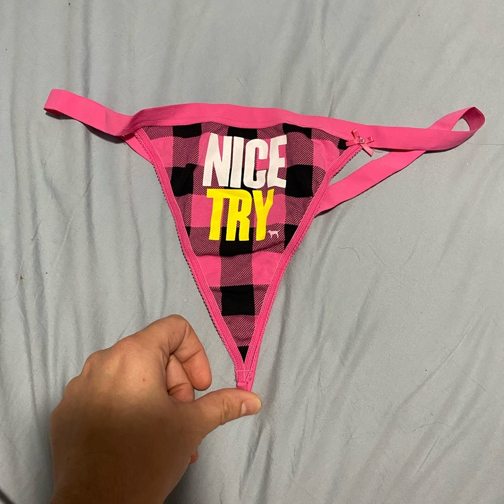 VTG NWT PINK Victoria Secret "Nice Try" Sz Large Extra Low Rise G-String